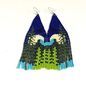 Handcrafted Mountain Sky Beaded Earrings - Blue and Green